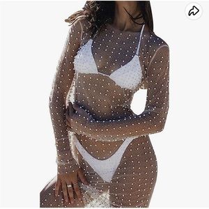 Women's Sheer Mesh Pearl Rhinestone Cover Up Dress